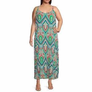 NWT Skies are Blue Plus Size Colorful Geometric Pleated Sleeves Maxi Sun Dress